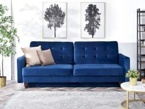 Sofa aura granatowy welur, podstawa orzech