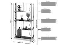 Regał otwarty z półkami CRISPIN CZARNY MARMUR - SREBRNY - wymiary