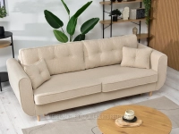 Beżowa sofa boucle rozkładana BLINK - BUKOWA NOGA - w aranżacji ze stolikiem RENNE XL, regałem LINAS oraz biurkiem LAURI